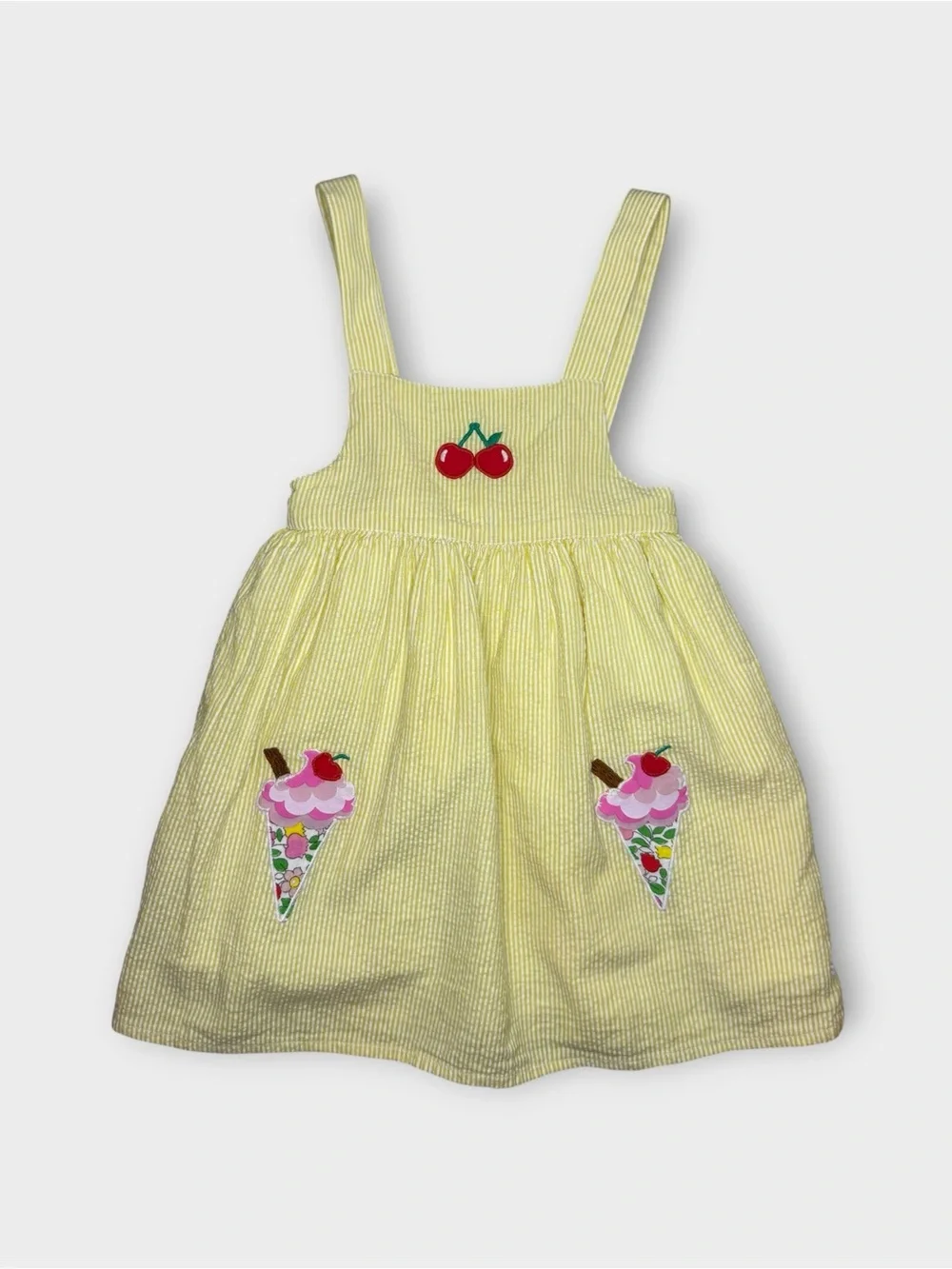 Mini Boden Ice Cream Treats Applique Yellow Seersucker Pinafore Dress
